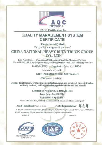 Κίνα Jinan Heavy Truck Import &amp; Export Co., Ltd. Πιστοποιήσεις